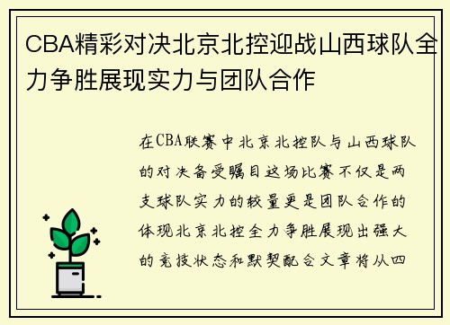 CBA精彩对决北京北控迎战山西球队全力争胜展现实力与团队合作