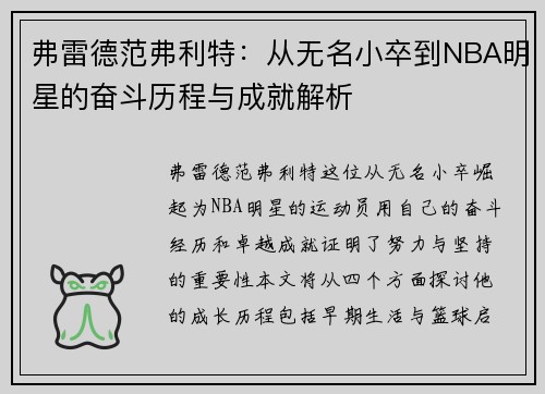 弗雷德范弗利特：从无名小卒到NBA明星的奋斗历程与成就解析